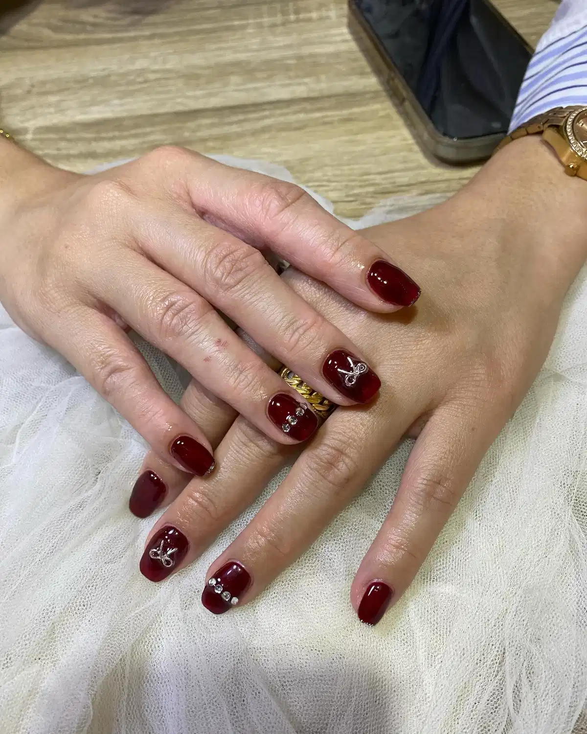 Short Maroon Squares with Bow and Rhinestone Accents