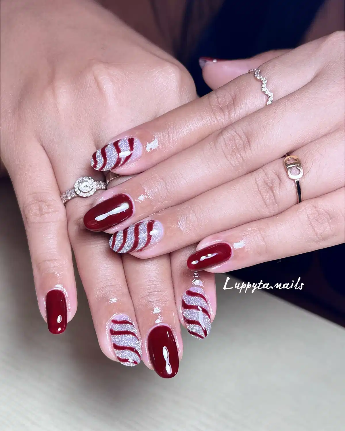 Maroon solids with silver-glitter wave accents