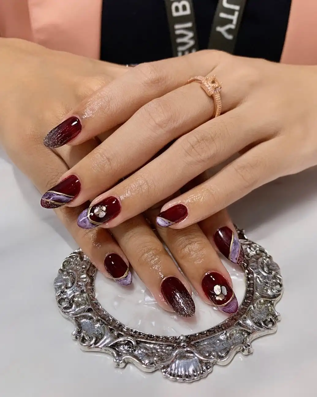 Maroon with Purple Marbled Tips and 3D Flowers