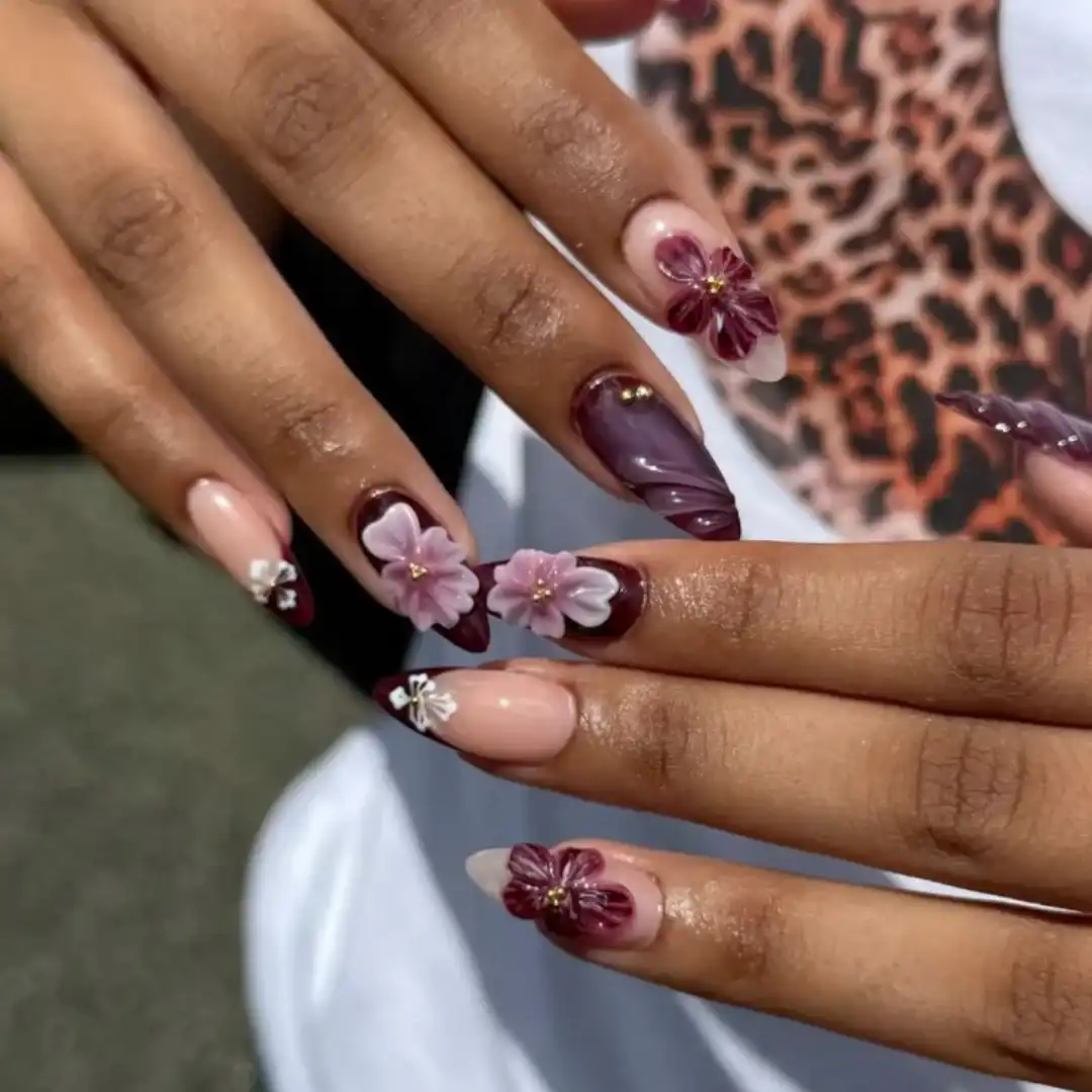 Nude Base with Purple Tips and 3D Floral Details