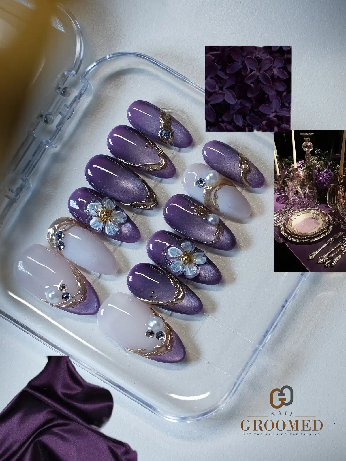 Purple-and-white set with gold waves and 3D floral accents