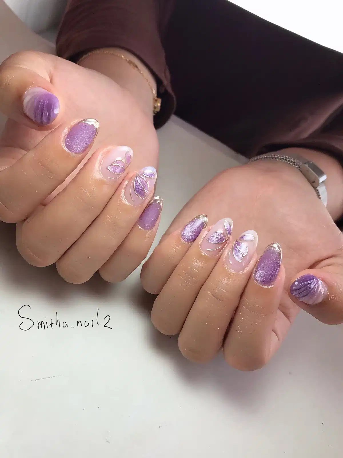 Lavender shimmer with silver edging and leaf motifs