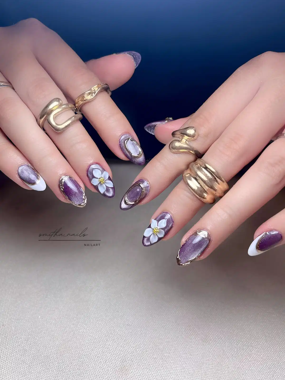 Metallic Purple with Gold Outlines and White Flowers