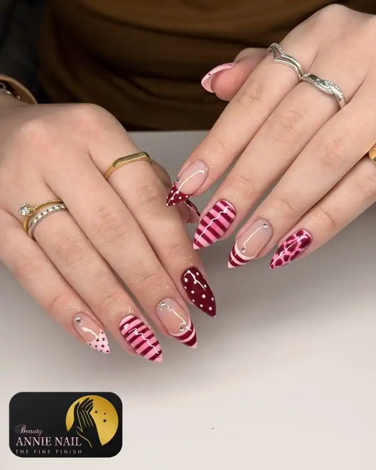 Nude bases with stripes and dotted burgundy accents