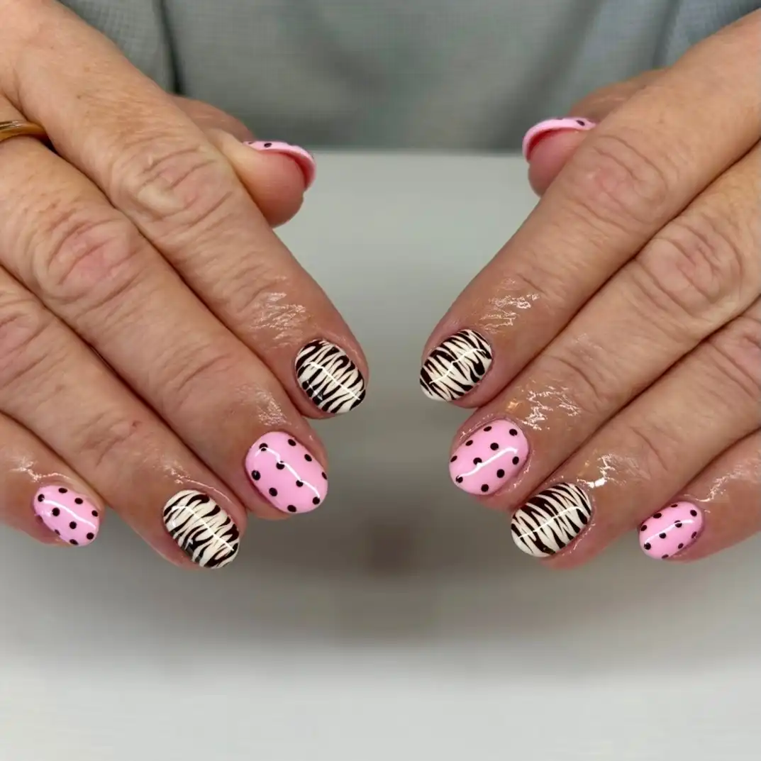 Pink polka dots with black-and-white stripes