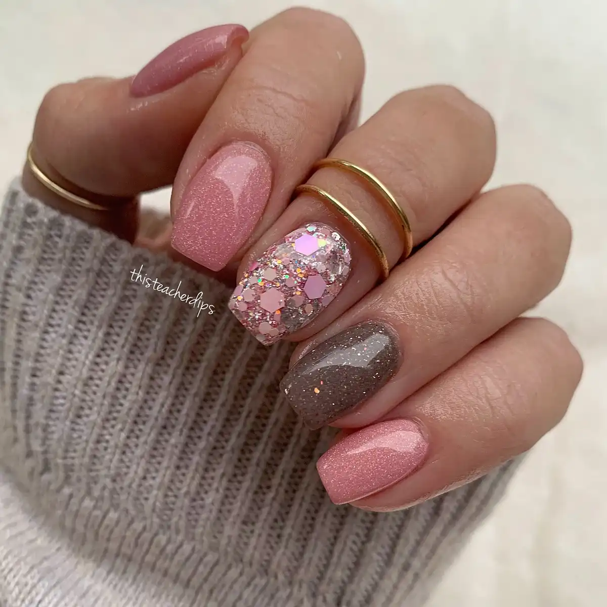 Pink shimmer with chunky glitter and taupe shimmer