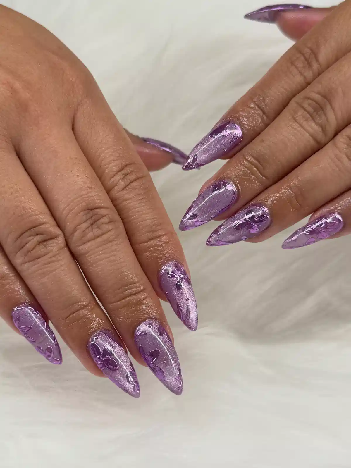 Lavender Metallic Stiletto Nails with Raised Floral Embossing