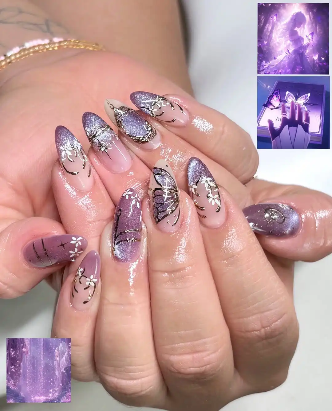 Nude-to-purple gradient with black line art and white florals