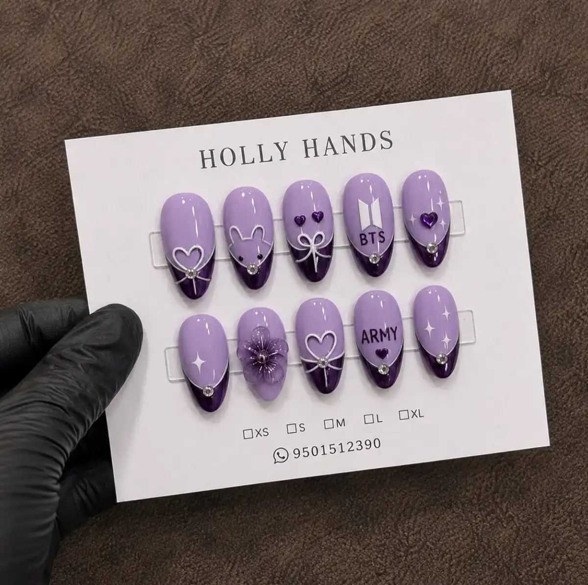 Lavender and Dark Purple Tips with Hearts, Bow, and BTS/ARMY Text
