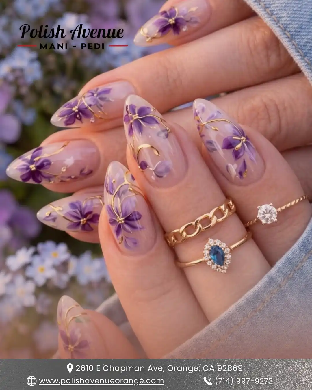 Translucent nude base with purple flowers and gold line accents