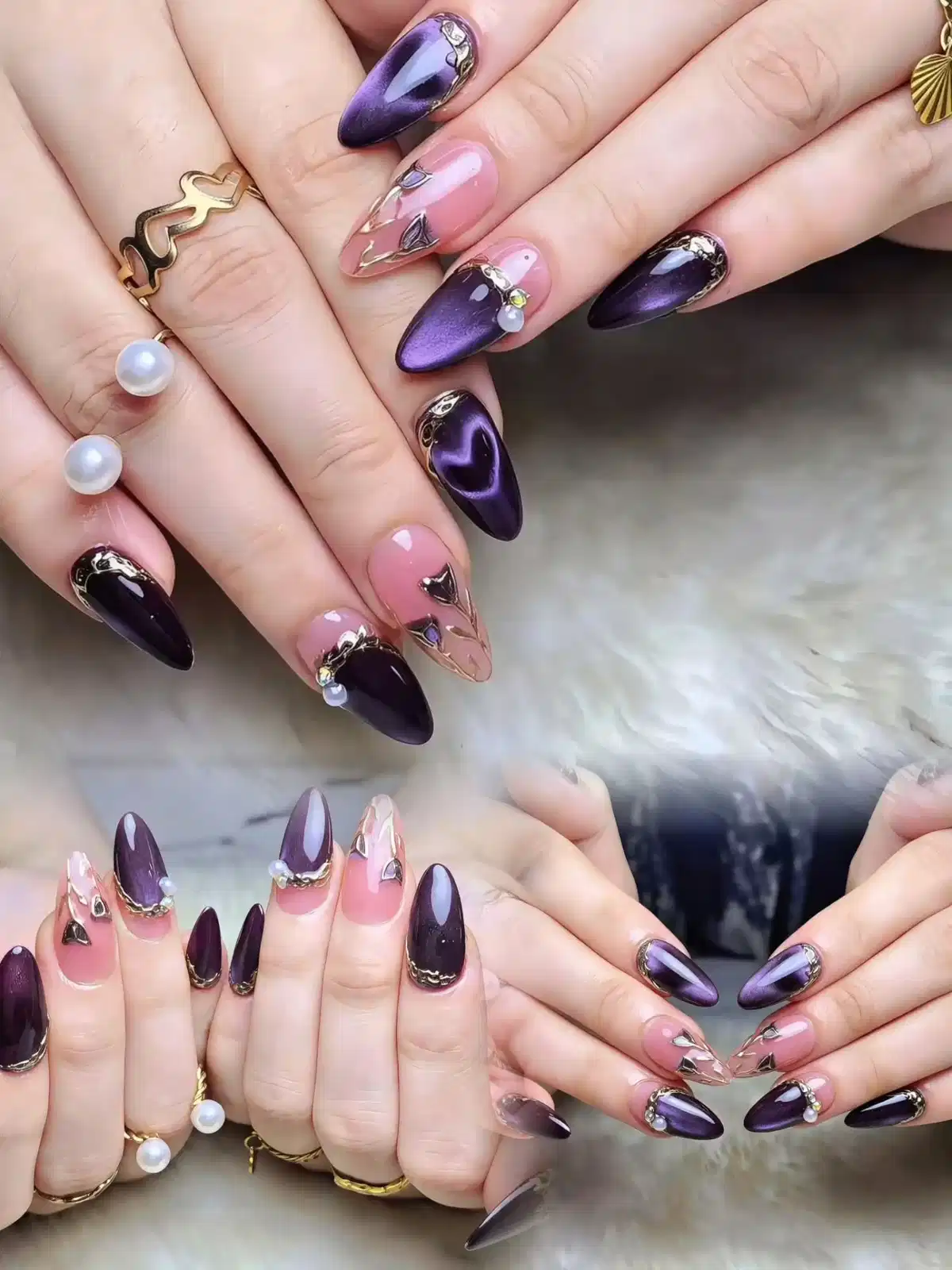 Deep purple and nude-pink stilettos with gold edging and bead accents