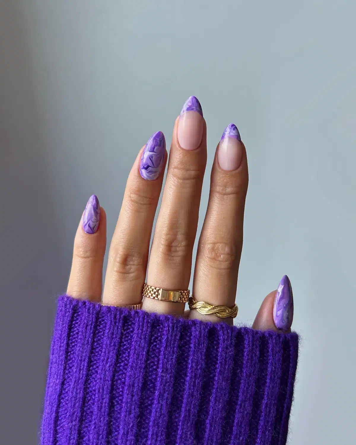 Nude Nails with Purple Marbled French Tips