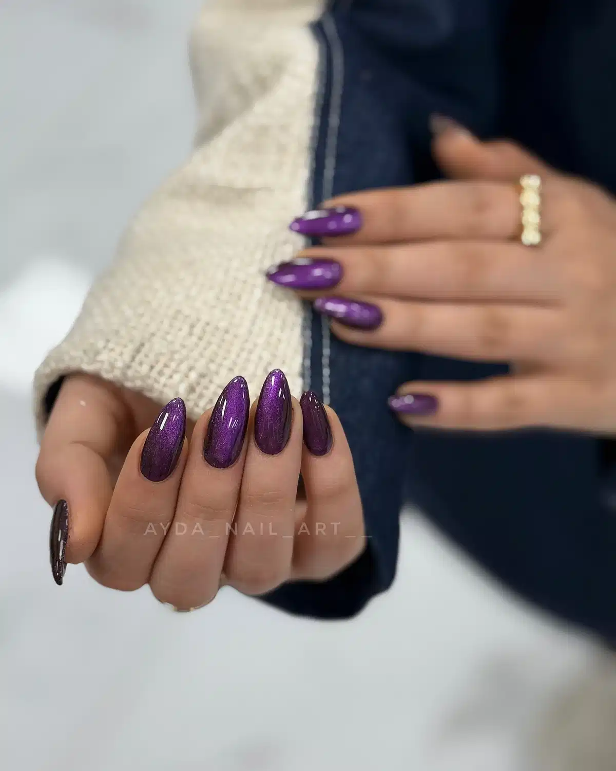 Shimmery Dark Purple Almond Nails