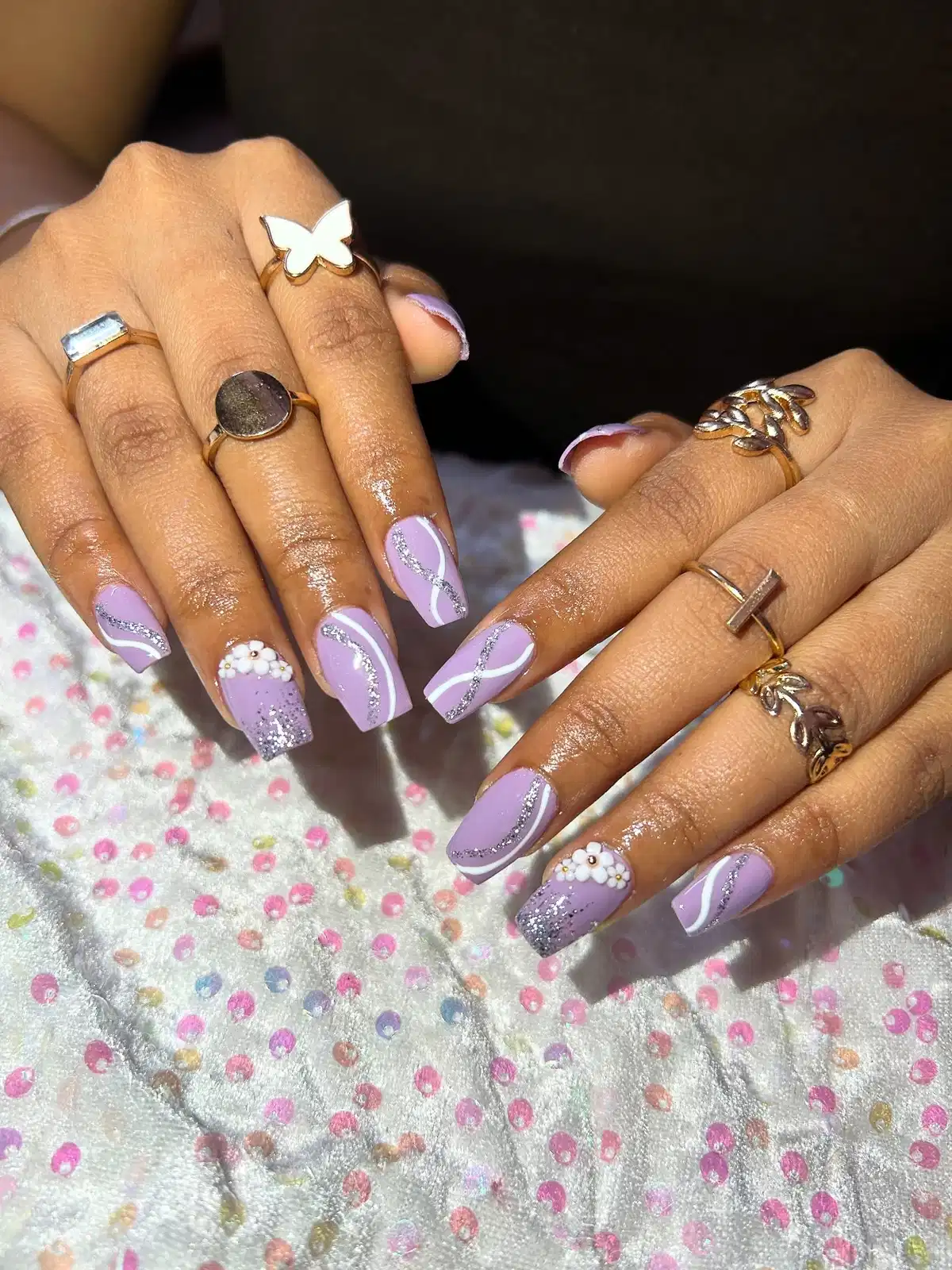 Pastel lavender with white and silver glitter swirls