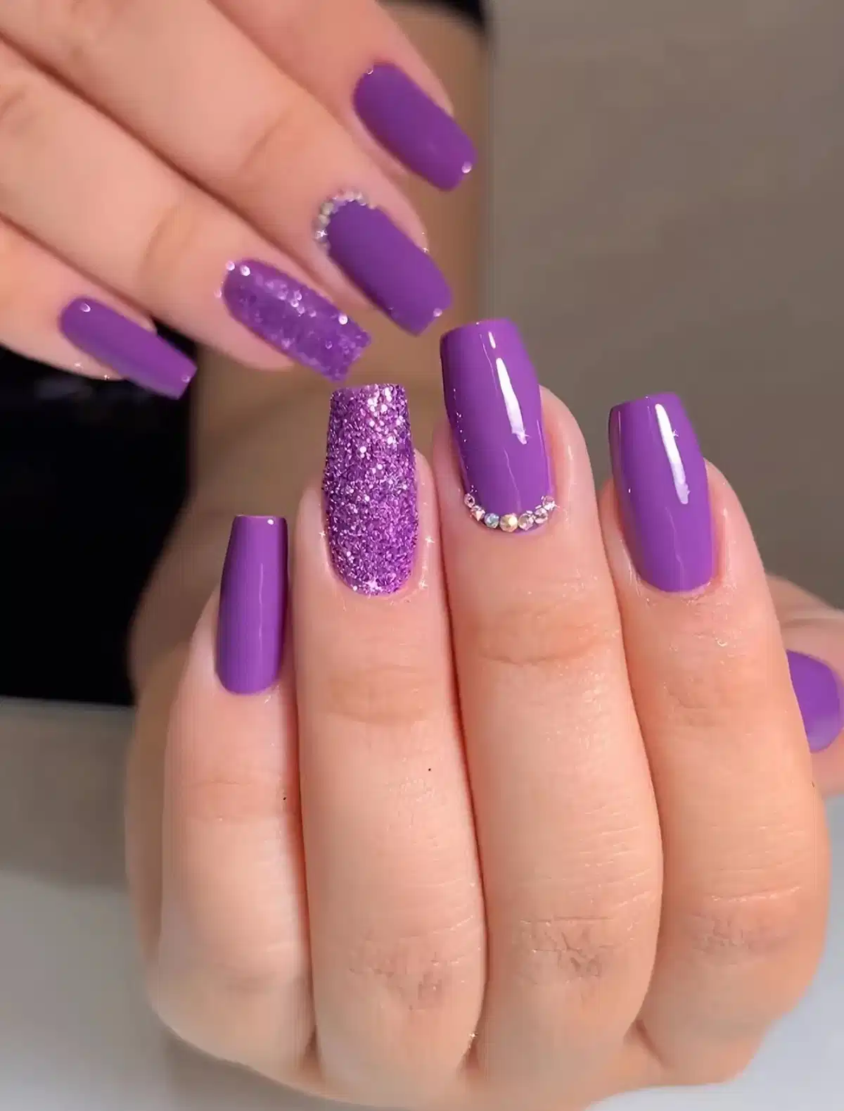 Glossy purple set with full-glitter accent and rhinestones