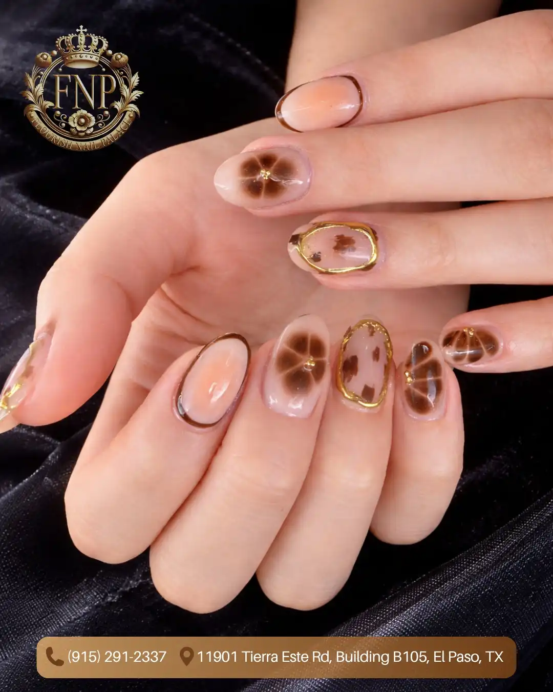 Nude bases with brown floral shapes and gold frames