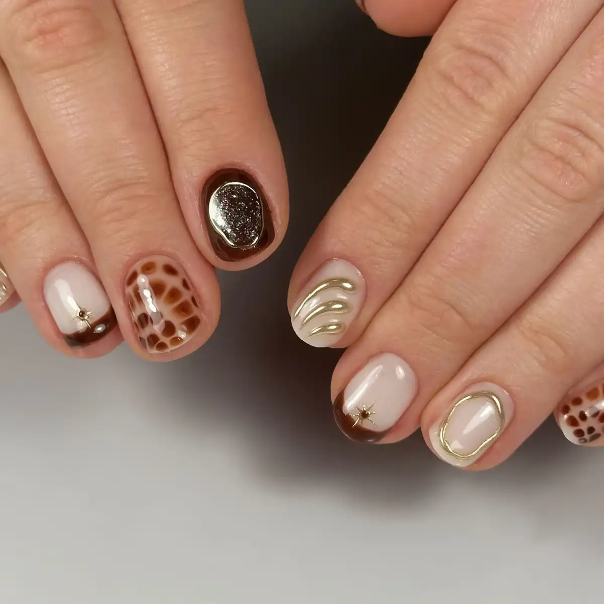 Close-up mix of brown spots and gold-lined neutrals
