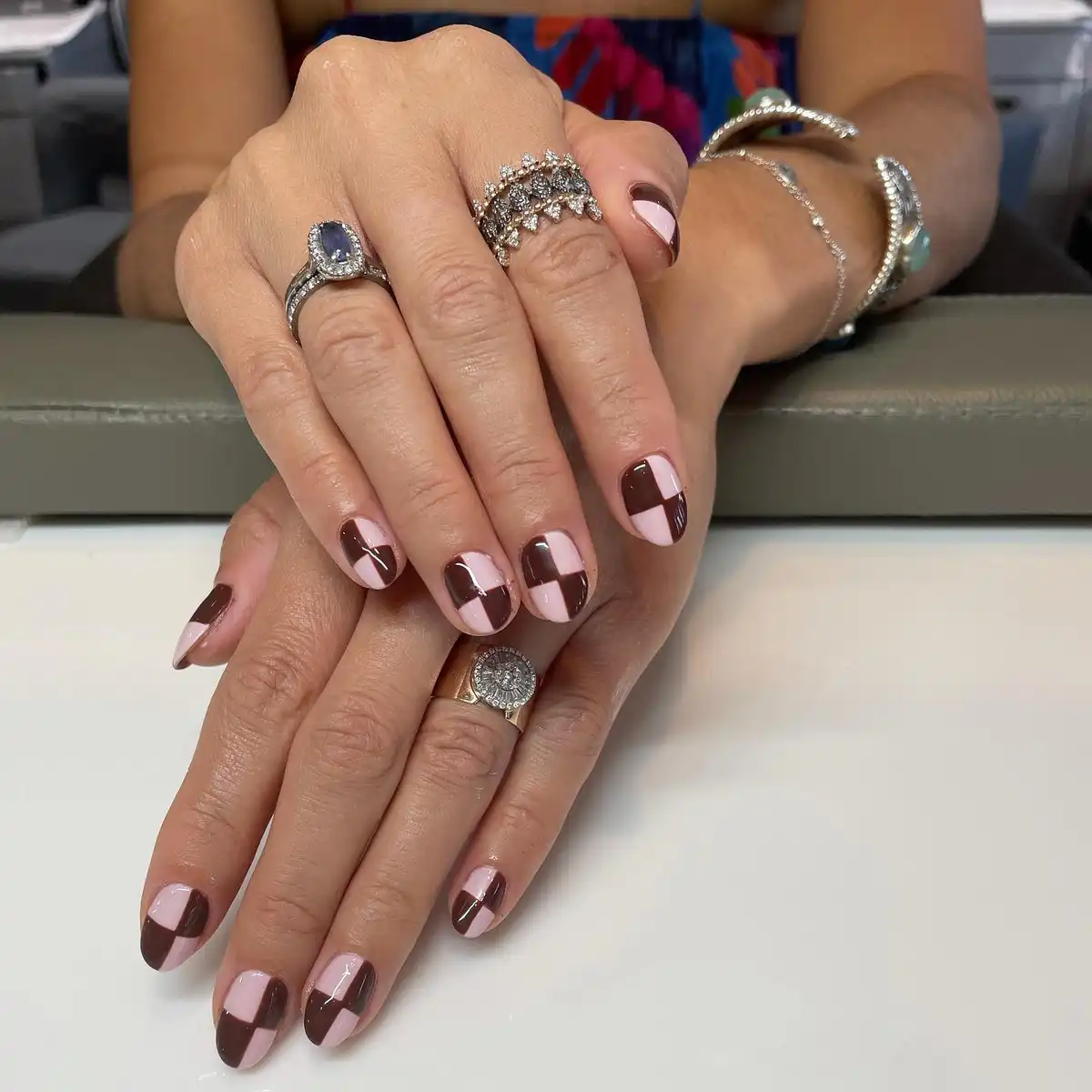 Pale pink and brown checkered blocks