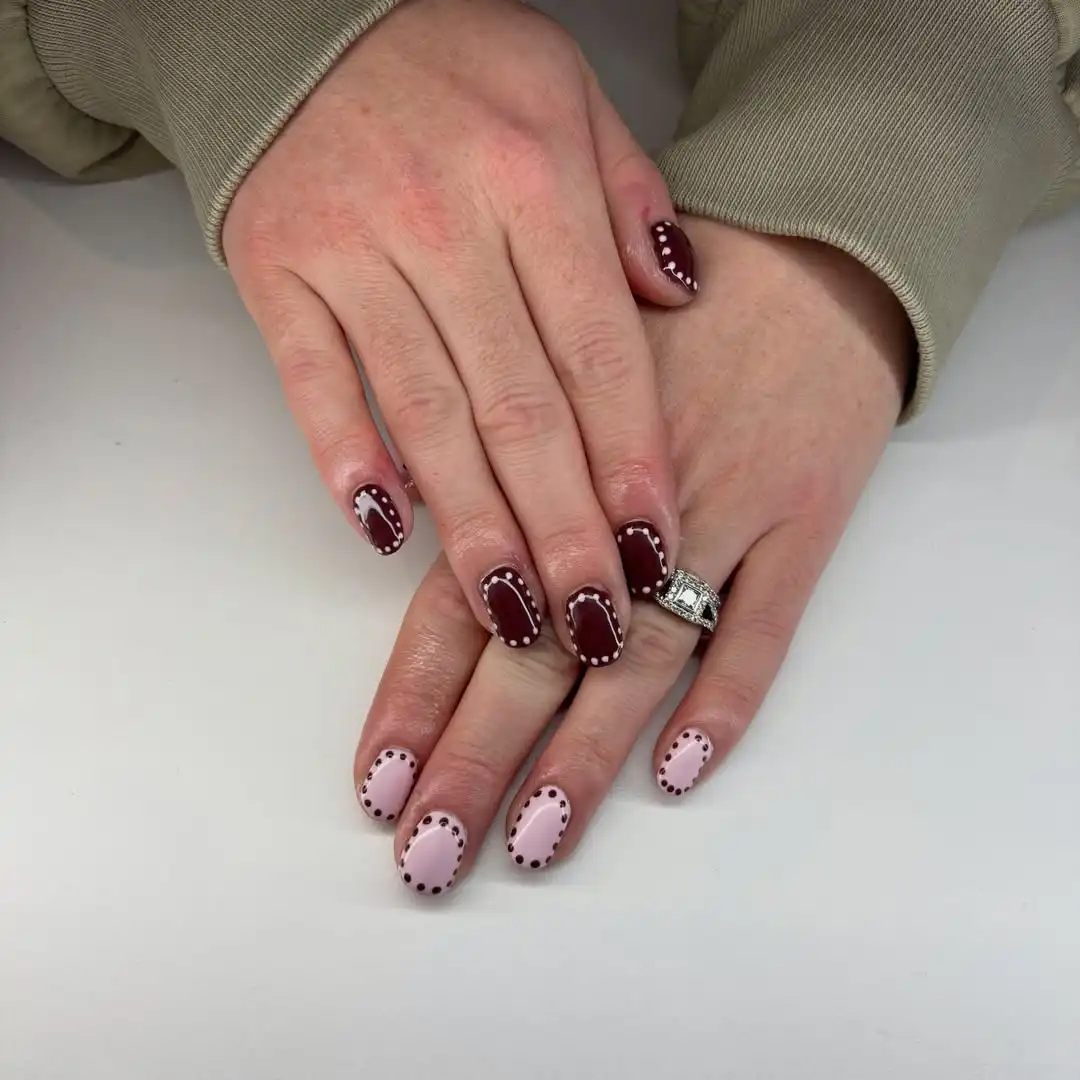 Dotted Border Nails in Burgundy-Brown and Pale Pink