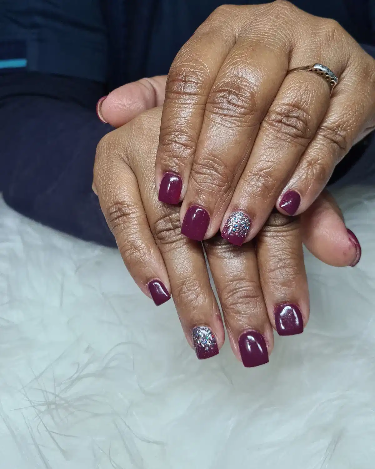 Deep maroon squares with full glitter accent nails