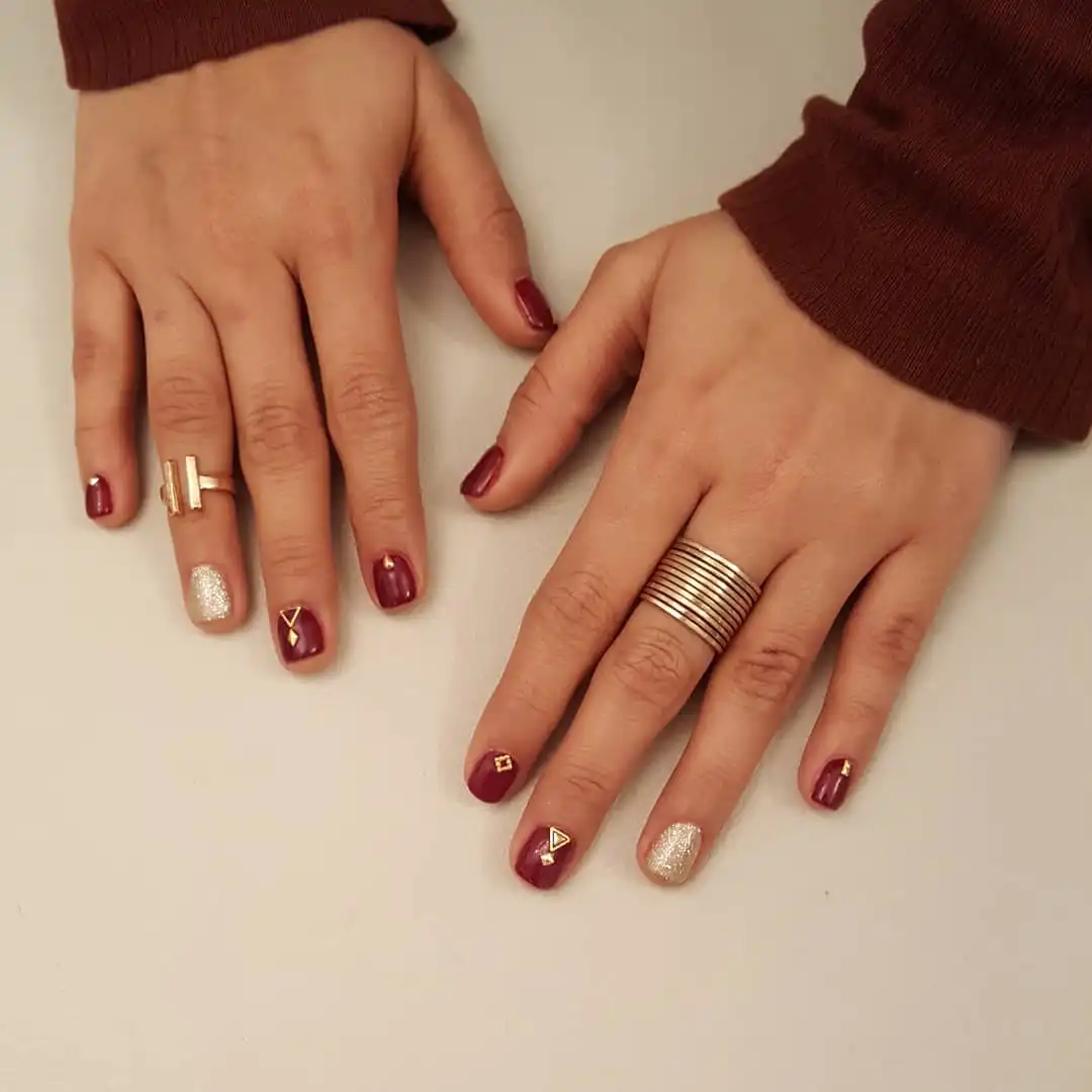 Maroon with Silver Glitter and Gold Geometric Studs