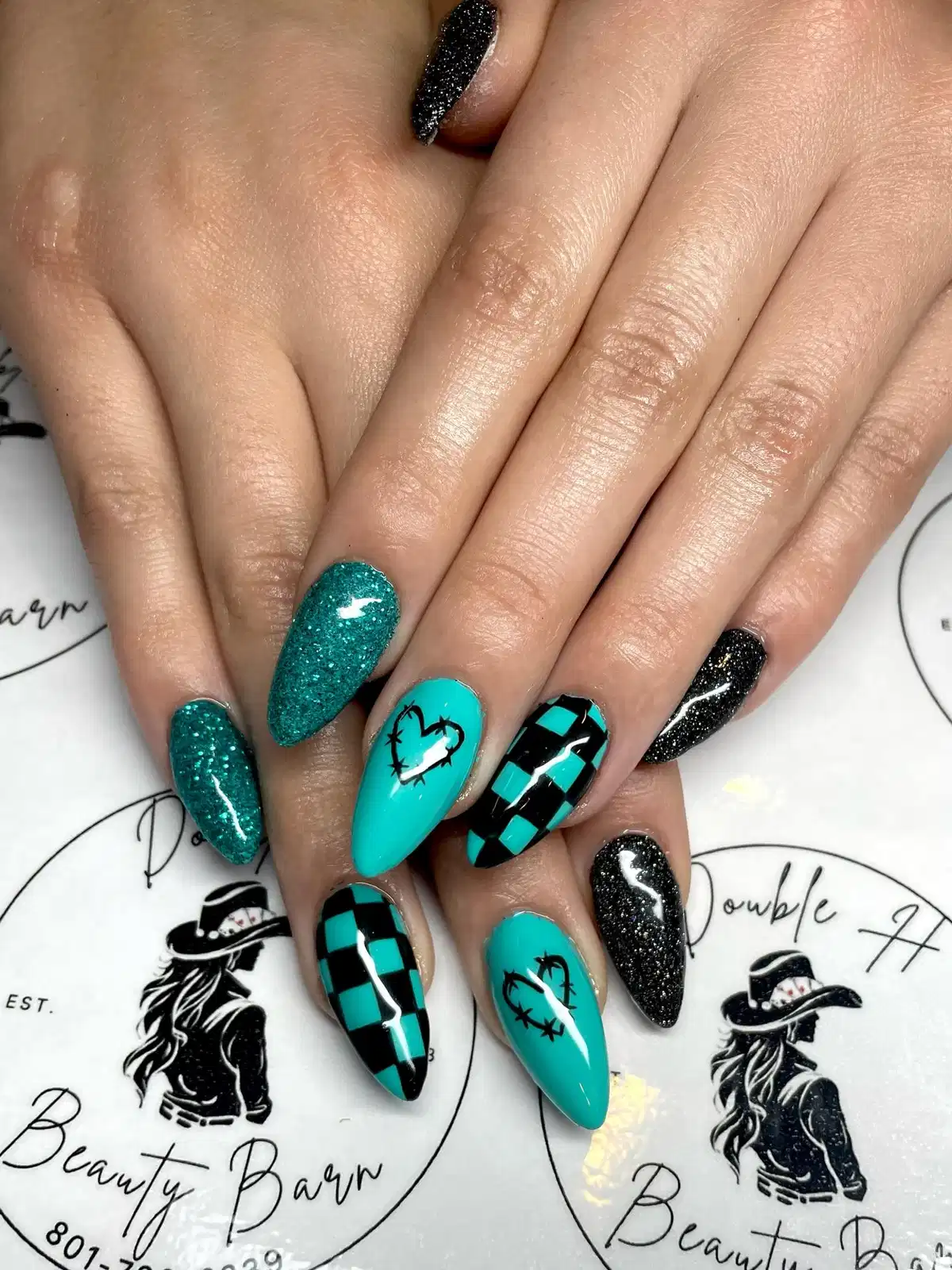 Teal and black glitter with checkerboard and heart outlines