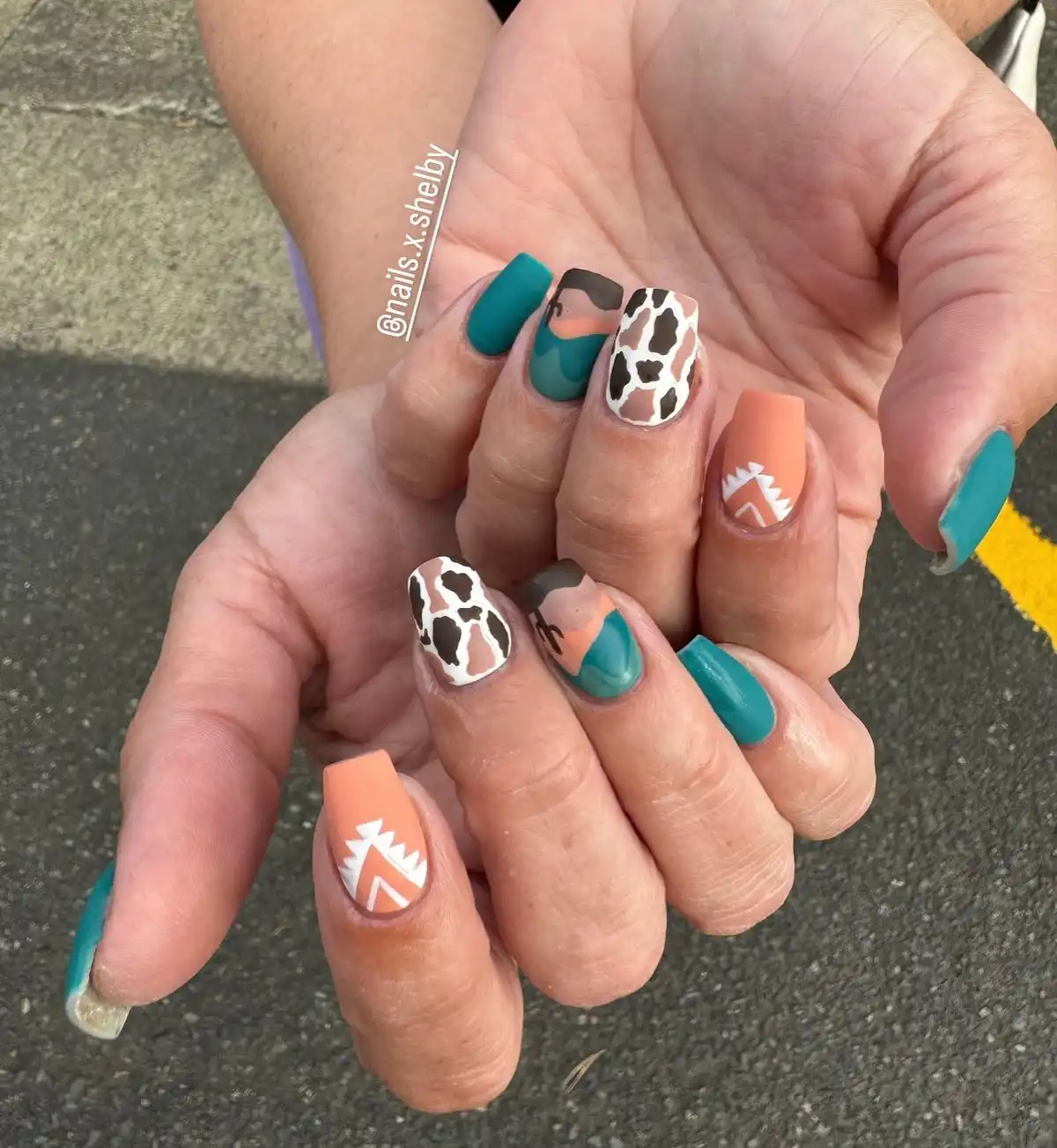 Matte teal and peach with cow print and geometric accents