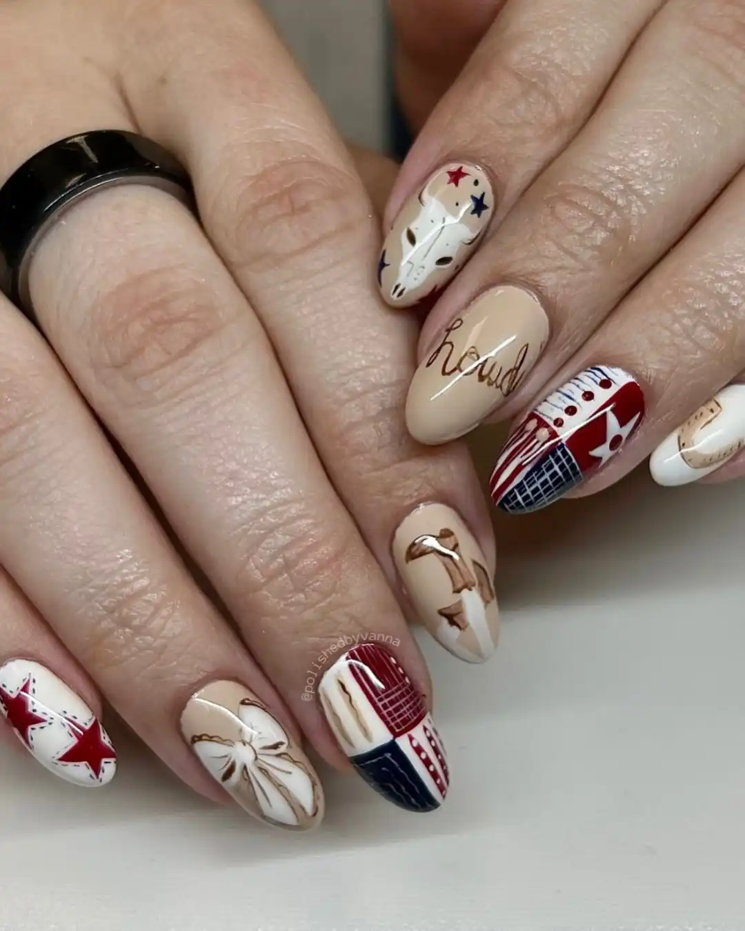 Howdy script, skull art, and red-white-blue graphics