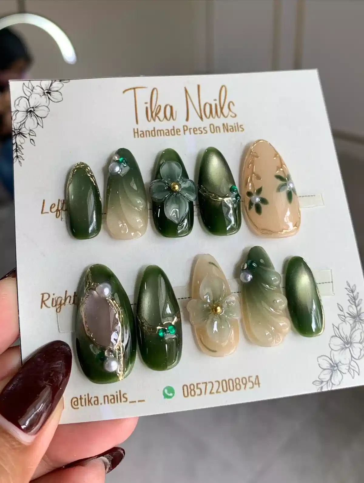 Green and nude set on branded card with 3D flowers and pearl-like accents