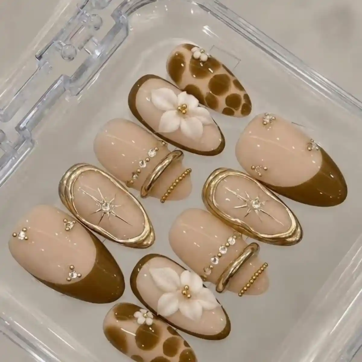 Nude and olive-brown set with framed starburst accents and 3D flowers