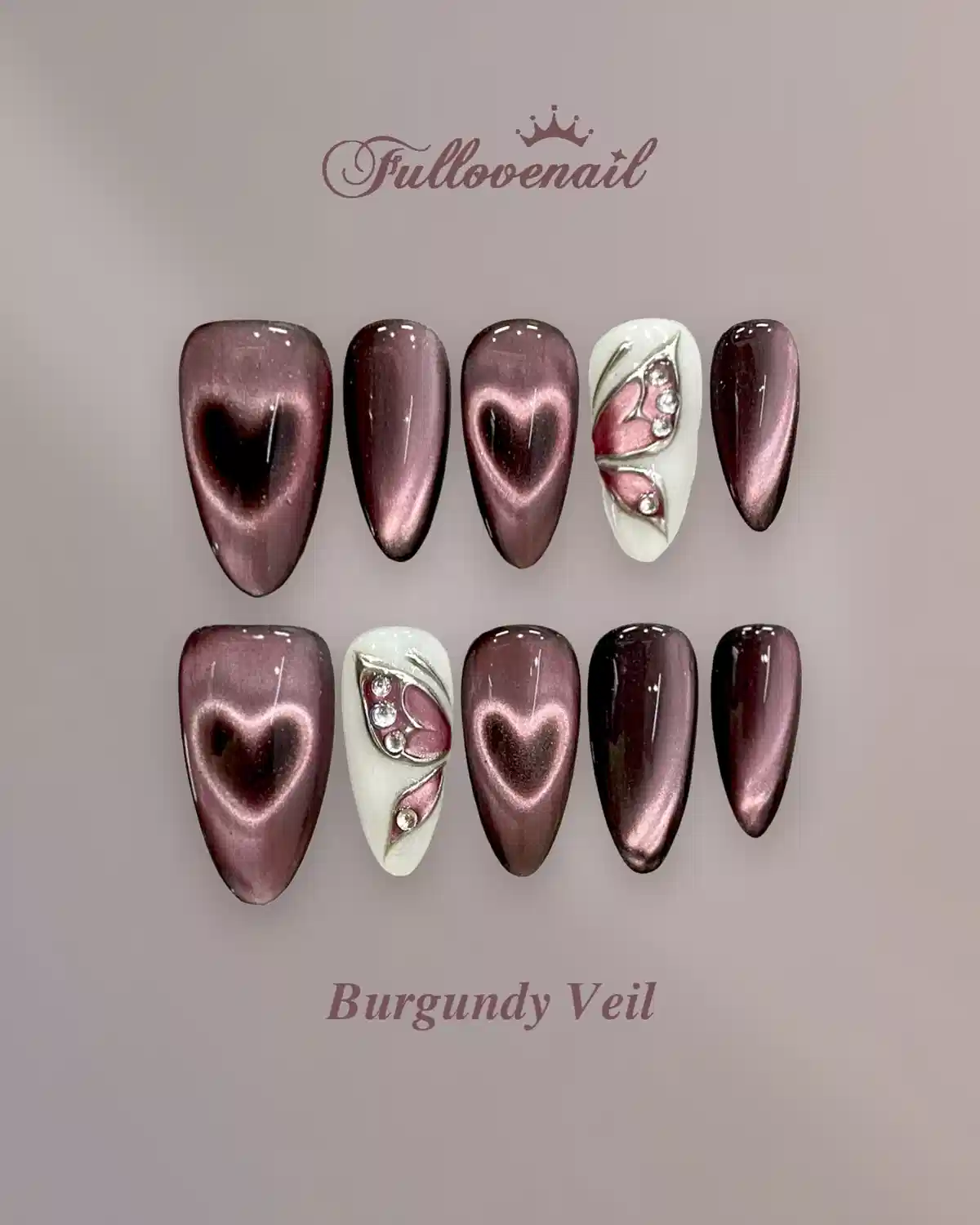 Metallic burgundy set with heart highlight and gem accents