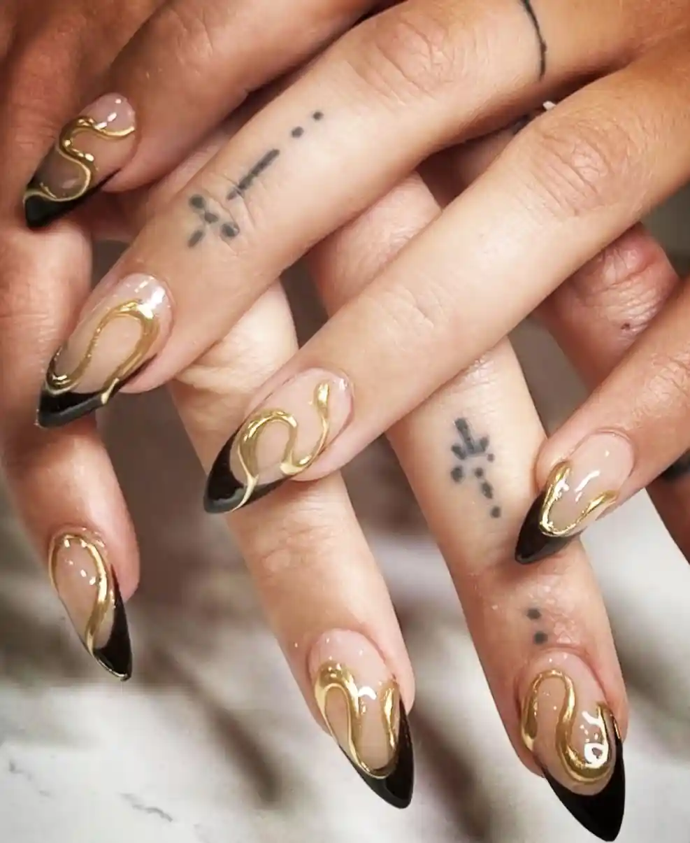 Nude Base with Black Tips and Gold Swirls