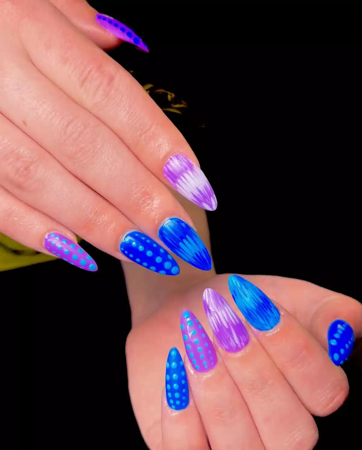 Long blue and purple set with streaks and polka dots