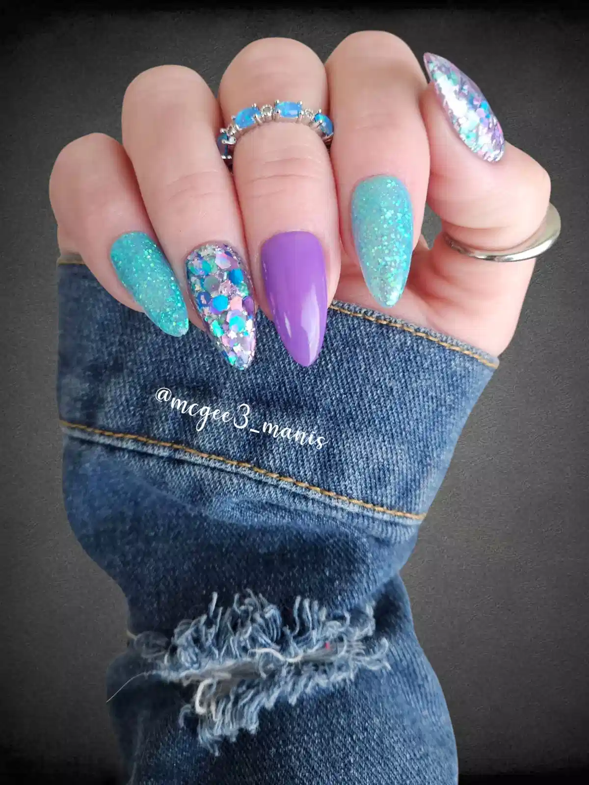 Teal Glitter and Purple with Chunky Confetti Accent Nails