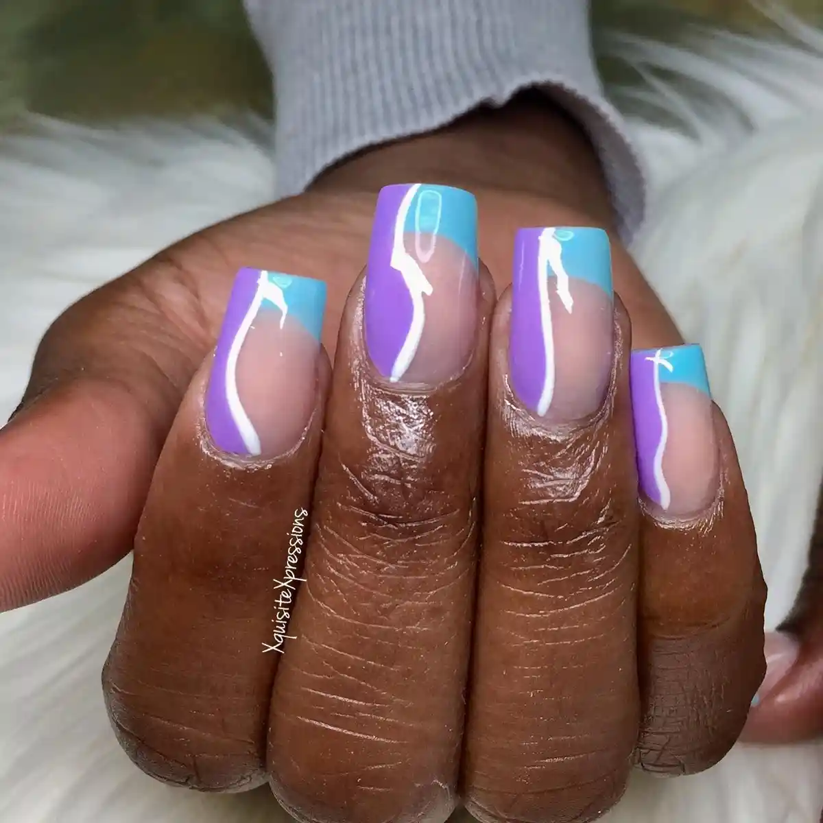 Nude base with lavender side panel and blue tips