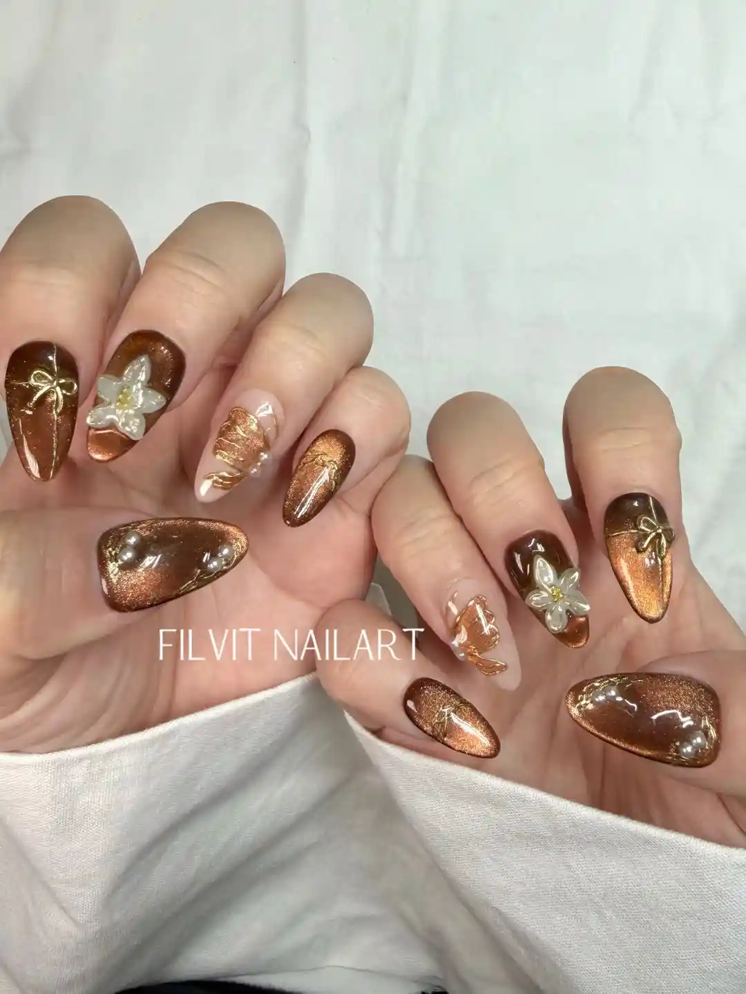 Copper-brown shimmer with 3D white flowers and pearl accents