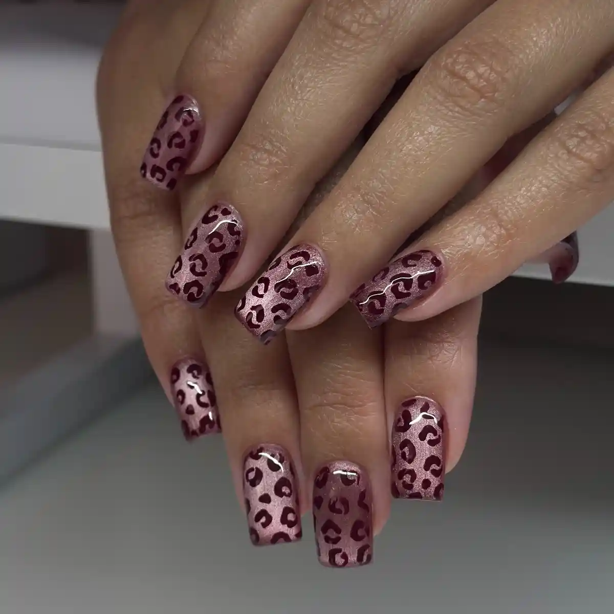 Mauve shimmer with maroon leopard pattern