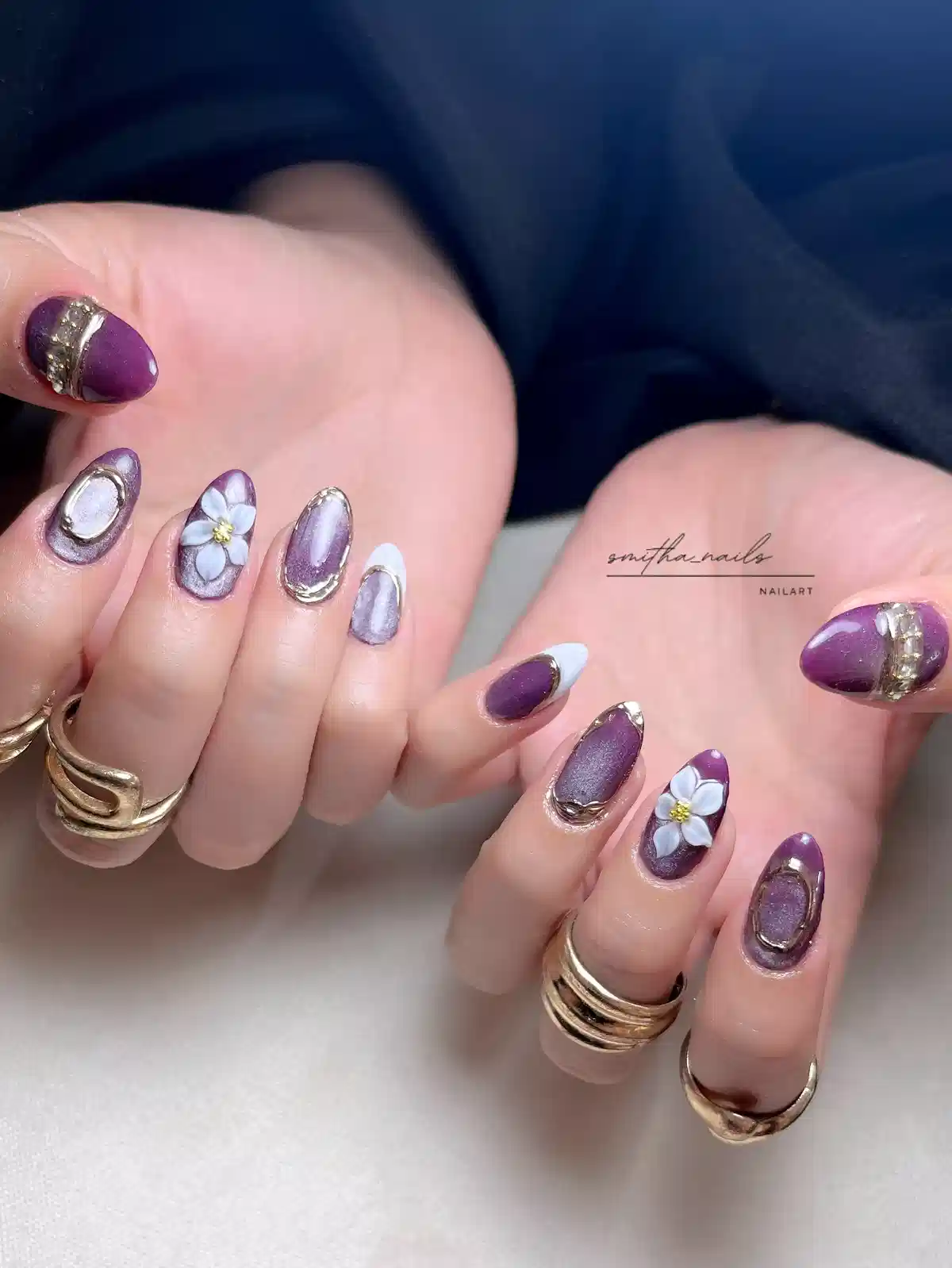 Purple and silver set with gold borders and white 3D flowers