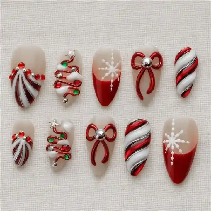 Red-and-white 3D set with bows, twisted stripes, and snowflake tips