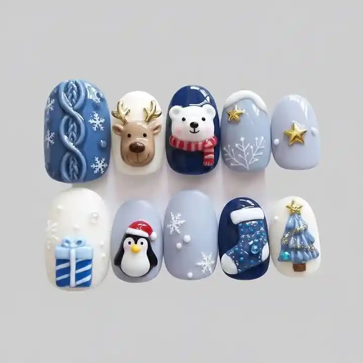 Blue winter character set with 3D reindeer, penguin, bear, and tree