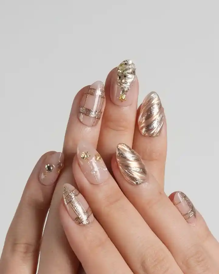 Nude and gold set with plaid lines, glitter bands, and rhinestone cluster