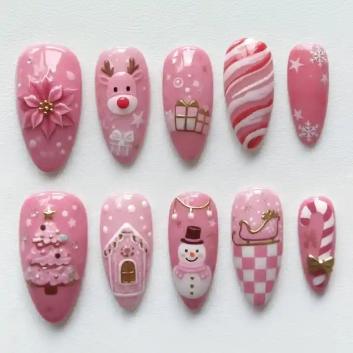 Pink holiday tip set with 3D reindeer, tree, house, snowman, and candy stripes