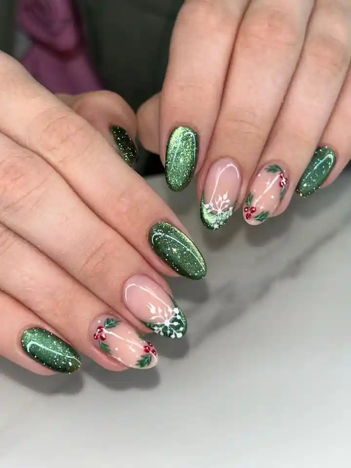 Green glitter and nude mix with snowflakes and red berries