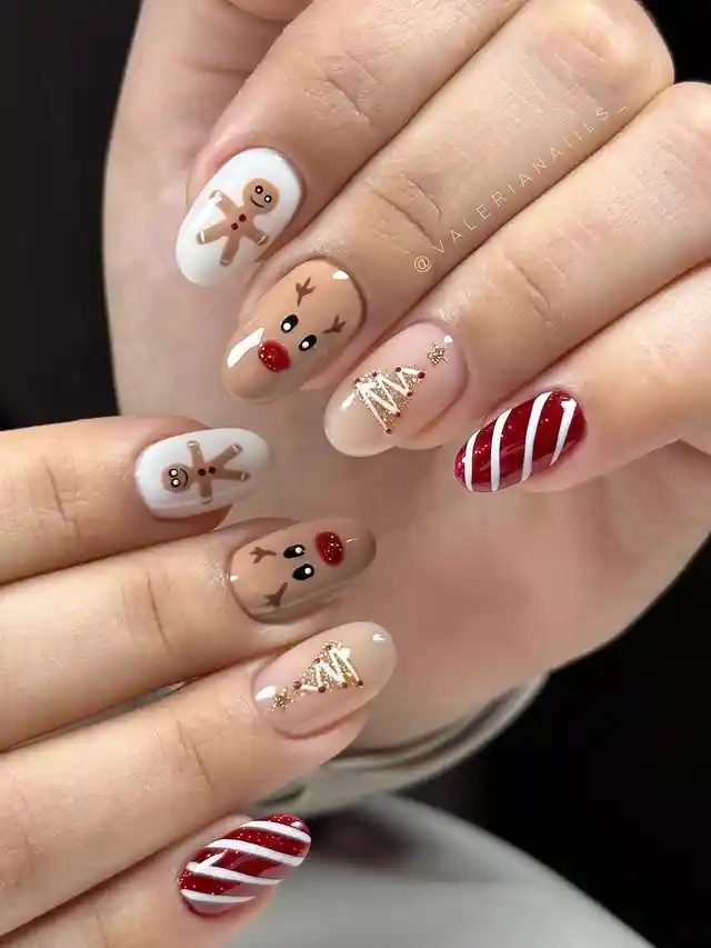Gingerbread, reindeer faces, and candy-stripe accents
