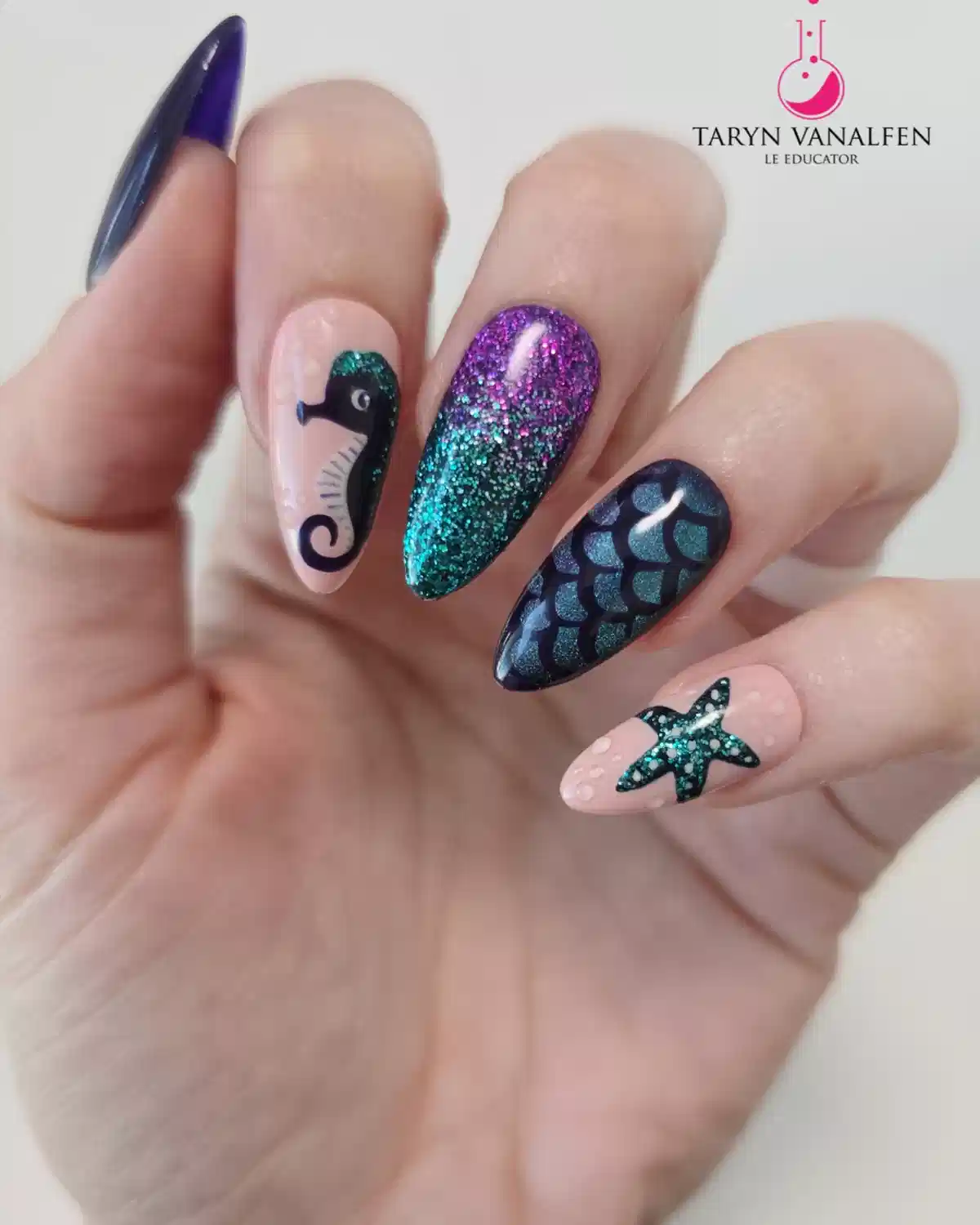 Underwater-inspired mix: seahorse, scales, and glitter gradient
