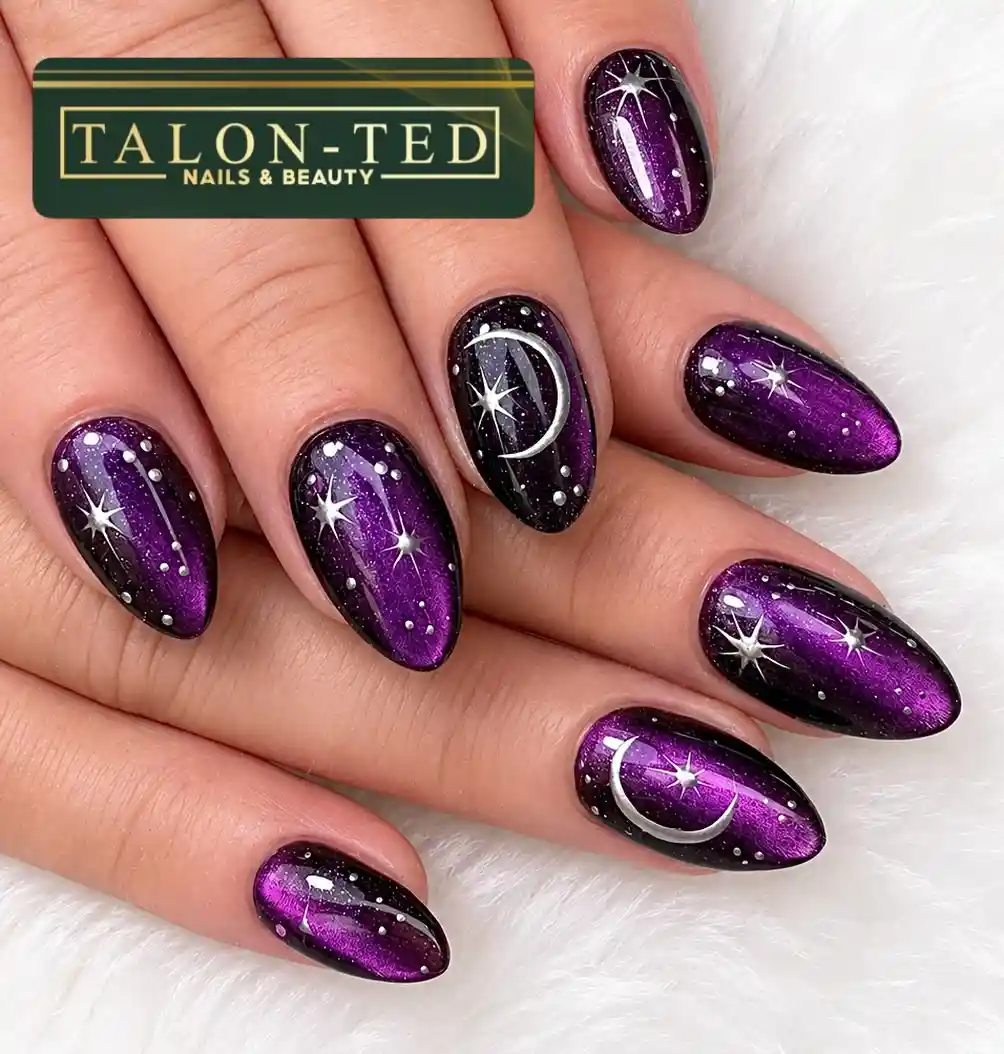 Purple-and-black galaxy gradient with moons and stars
