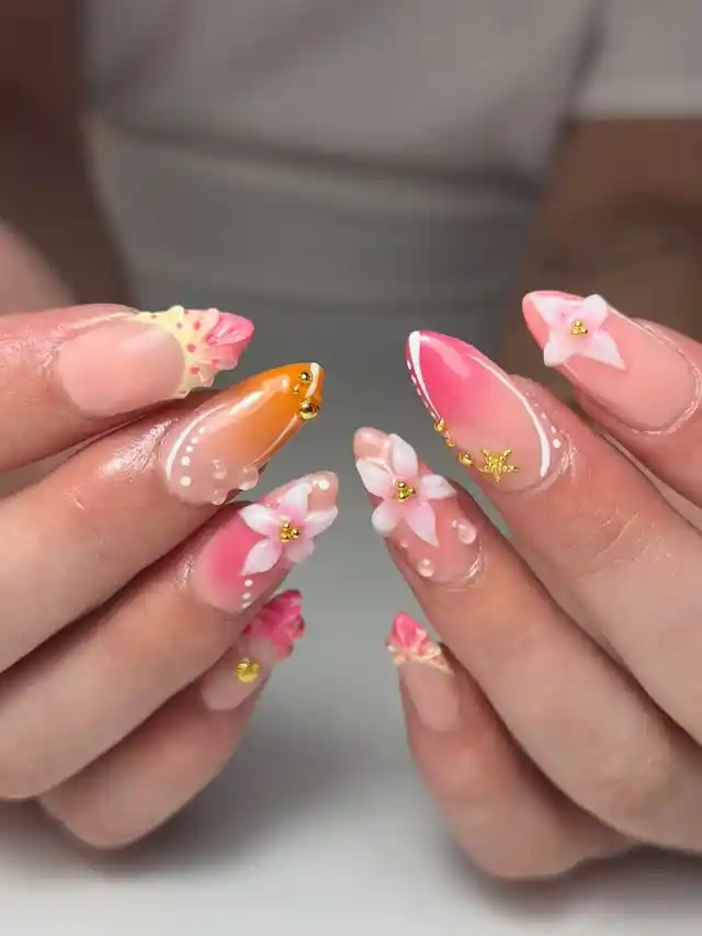 Pink-orange gradient set with 3D white flowers and gold accents