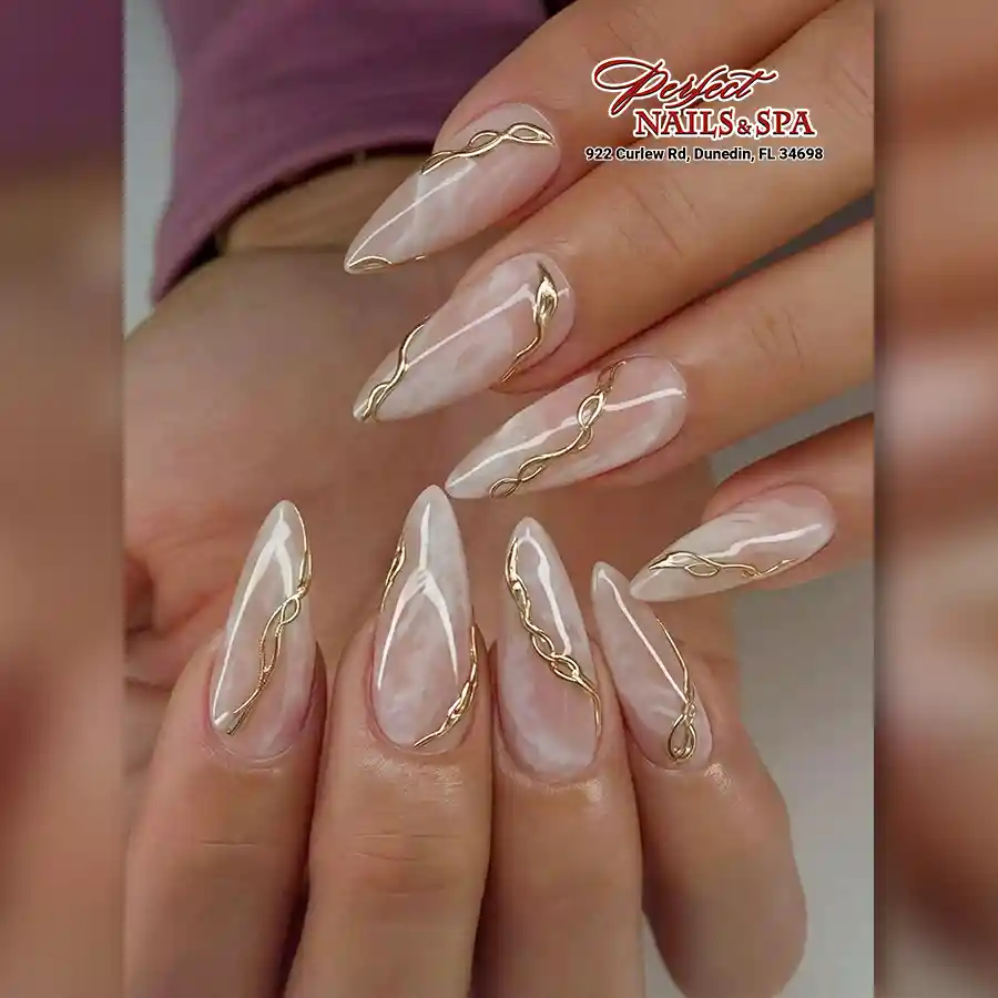 Long Almond Nails with Raised Gold Waves