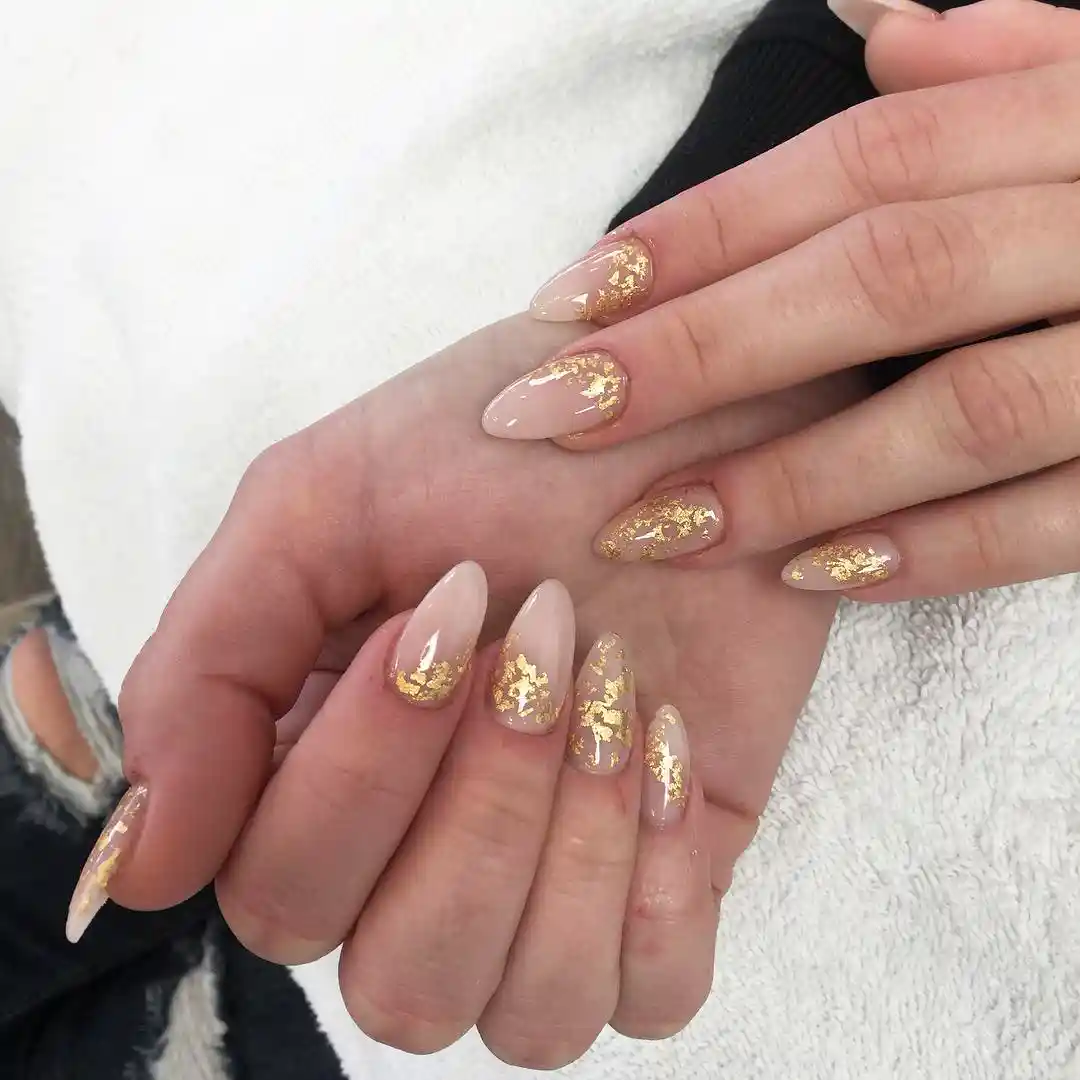 Nude Almond Nails with Gold Foil Tips