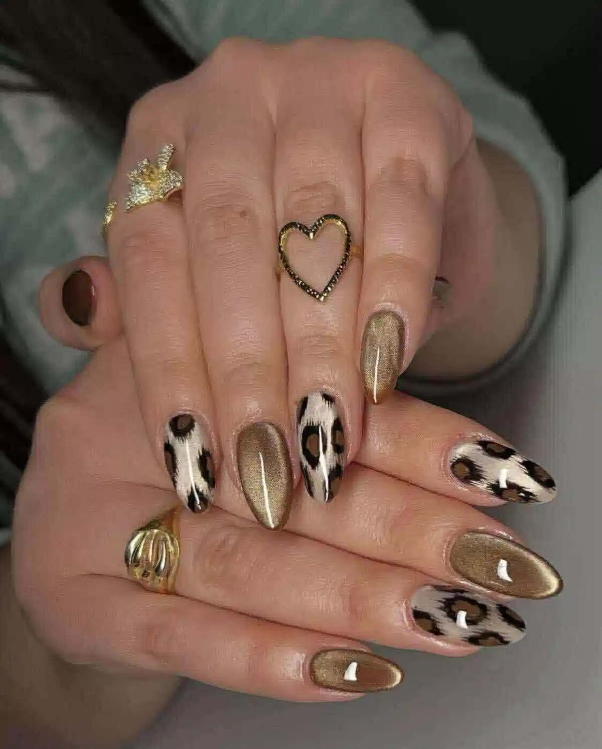Metallic gold with black-and-brown animal print accents